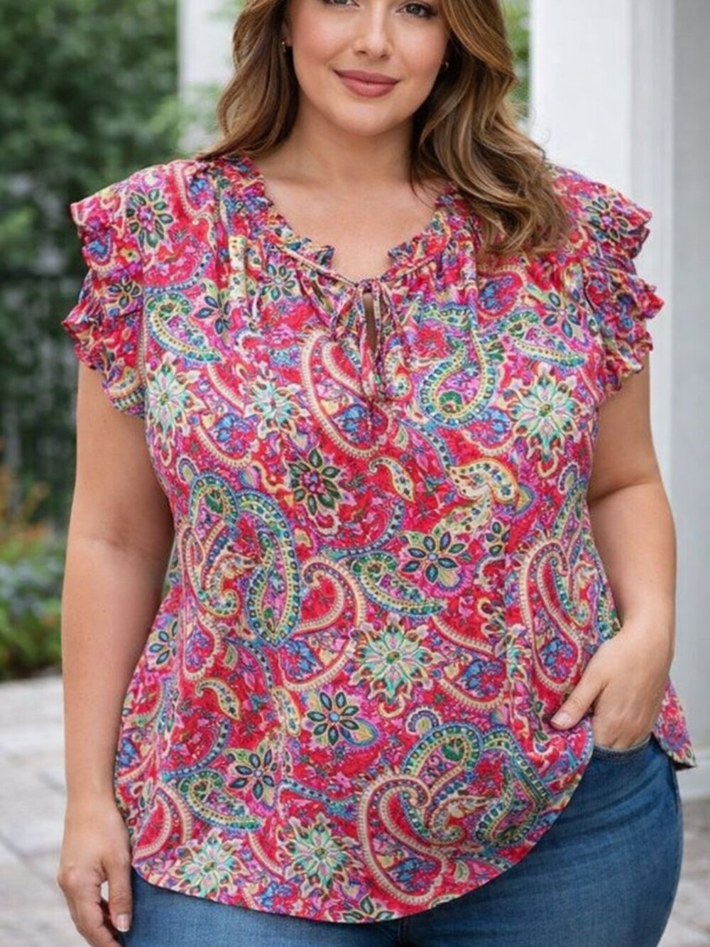 Chenault Vibrant Pink Paisley Tie-Neck Blouse with Ruffled Trim - 1X